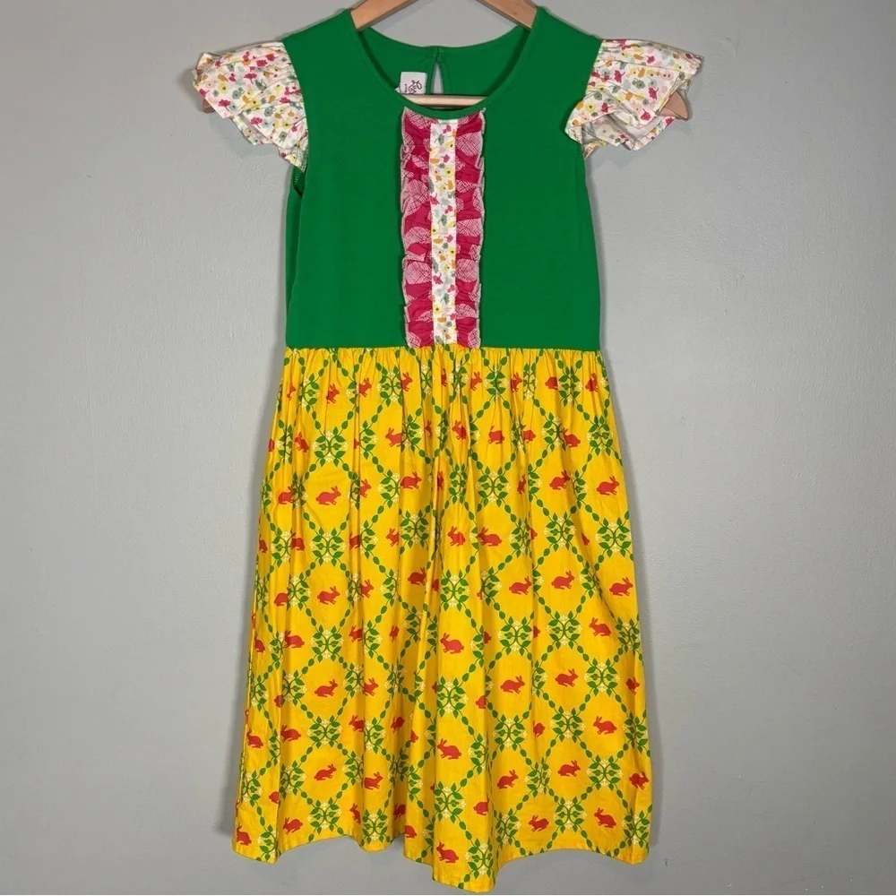 Livy James Flutter Sleeve Sun Dress-Green and Yellow-Girls Size 10